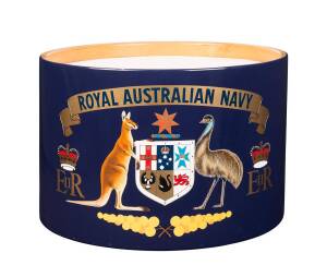 A Royal Australian navy drum with hand painted crest and Queen Elizabeth II cipher