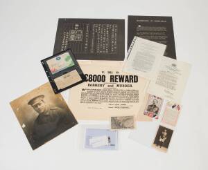 c1909-45 range, noted WW1 postcards (6); signatures of VC winners (4); 1940 Leave Pass; ephemera re Japanese Surrender; press clippings; also reprint of Ned Kelly reward poster.