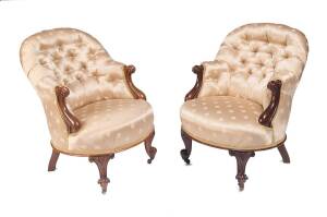 A fine pair of Australian blackwood armchairs upholstered in gold brocade fabric, circa 1860