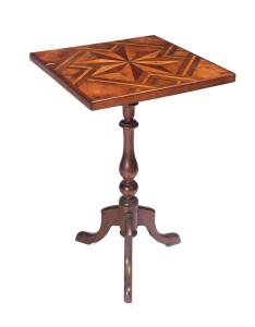 A wine table with inlaid Australian timber top, blackwood, cedar, huon pine, myrtle, kauri, late 19th Century; 71cm high, 51cm wde, 51.5cm deep