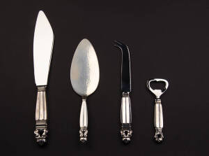 GEORG JENSEN: Sterling silver "Acorn" pattern cake knife, cheese knife, bottle opener & cake trowel withe 2 boxes.