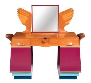 HELMUT LUECKENHAUSEN designed "Teraph" dressing table and stoolMahogany, jellutong, craftwood & catalysed enamels.120cm high, 130cm wide, 49cm deep. With original booklet.Exhibited at The Warrnambool Art Gallery, 11th April - 11th June 2015