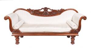 A Colonial cedar swan neck double ended settee upholstered in a cream silk fabric, circa 1840103cm high, 223cm wide, 62cm deep