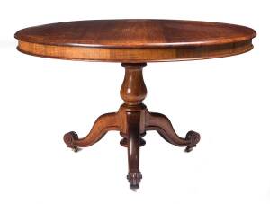 An early Australian blackwood supper table with turned baluster shaped column and refined carved scrolling feet, circa 1850; purported to have been the property of George Adams of Tattersall's fame; 75cm high, 124cm diameter