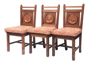 An important dining setting carved by William Howitt of Western Australia, carved jarrah. Each chair with carved portrait of allied WWI leaders: Lord Kitchener, General Birdwood, General Joffre, Earl Haig and H.H. Maharaja of Bikaner. Includes jarrah plaq