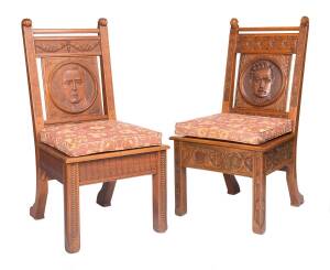 WILLIAM HOWITT: Two carved chairs with portrait panel backs, jarrah. PROVENANCE: Hardey family collection, Western Australia