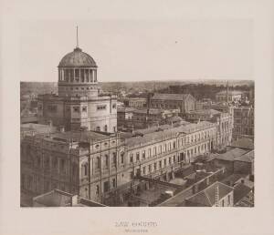 PHILLIP-STEPHAN: "Law Courts Melbourne" colour photo-lithograph c. 1890s; text including title below image; 32 x 35cms.