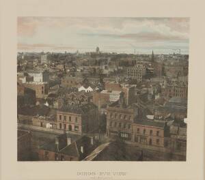 PHILLIP-STEPHAN: "Bird's Eye View Melbourne" colour photo-lithograph c. 1890s; with text including title below image; 29.5 x 34.5cms.Samuel Phillips, photographer, and Adam Stephan, lithographer, began working on their process in 1884, and in late 1887 fo