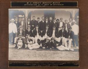 1908 MONTY NOBLE'S BENEFIT MATCH, AUSTRALIAN XI v REST OF AUSTRALIA, a rare large-format photograph showing both teams, with title "M.A.Noble's Benefit Match, Australian XI v Rest of Australia, March 1908", and players names on mount in gold block letteri