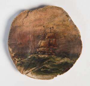 JOHN PHILEMON BACKHOUSE [NEW ZEALAND 1845-1908]: Sailing Ship, signed with initials lower right: JPB, oil on shell, 13.5 x 13.5 cm