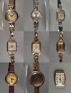 Antique & vintage watches: Two gold plated pocket watches; (5) 9ct gold cased ladies watches; 4 assorted silver or gold plated watches. Fair condition.