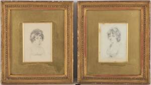 A pair of early 19th Century miniature portrait sketches in gilt frames. 13 x 9cm each