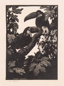 LIONEL ARTHUR LINDSAY [1874-1961]: Toucans, woodblock ed. 100, signed and editioned to margin, 14 x 9.5 cm