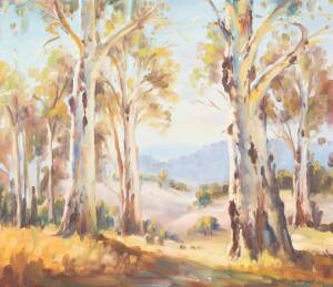 DUDLEY DREW (born 1924): Gumtrees in Landscape, oil on board, signed lower right, 54 x 64cm.