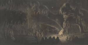 HENRY GILBERT JONES [1804-1888]: AND ROBERT RUSSELL (1808-1900): Corroboree, etching, hand-painted in monochrome, signed lower right "RR". 11 x 21.5 cm.  