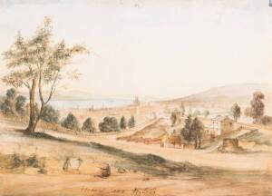 Artist Unknown, Colonial School: Hobart Town, 1856, watercolour titled and dated 1856 in image; Huon pine frame; 24 x 34cmProvenance: Mossgreen, Somercoates Auction, Ross, Tasmania, December 7, 2008, lot 42.