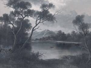 PERCY CAMPBELL [WORKING 1890-1920]: Lake St. Clair, Tasmania, oil on canvas en grisaille, signed lower left, 44.5 x 55.5 cm.