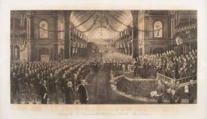 "H.R.H The Duke of Cornwall and York. Opening the First Commonwealth Parliament of Australia, May 9th 1901" framed lithograph by Charles Nuttall, printed in Paris. Frame 126 x 84cm