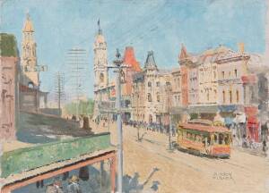 ALFRED HUGH FISHER [1867-1945, English] "King William Street, Adelaide" oil on board, signed "A. Hugh Fisher" at lower right. 25 x 35 cm.Probably painted in 1910 during Fisher's only visit to Australia. Two of his European paintings are held by the NGV in