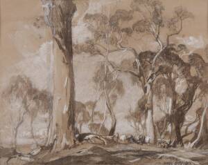 HANS HEYSEN [1877-1968] Bush Scene with bullock cart, charcoal and pencil, signed lower right; 31 x 39 cm. 