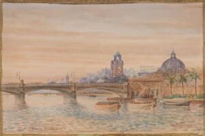 W. ELLIOT JOHNSON, Sir. [1862-1932] "Princes Bridge Melbourne" watercolour on board, titled lower left and signed lower right. 22 x 33 cm.Primarily a politician, Johnson had been closely associated with the choice of Canberra as the capital site and with 