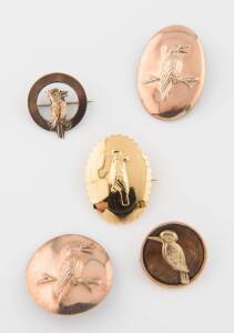 Five gold plated Kookaburra brooches, various makers and sizes.