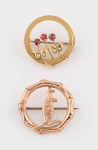 Two gold circlet brooches, one with kangaroo and one with redstone set seed pearl flower brooch. Yellow and rose gold. Weight 3.79 grams.