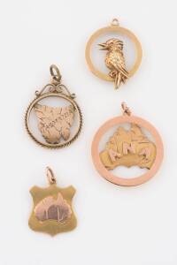 Four gold fobs, each of circular design, map of Australia, map of Tasmania and kookaburra motif. 9ct yellow gold. Weight 6.02 grams. 