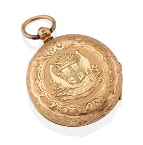 A gold hunter pocket watch circa 1888, key wind. The case front engraved with the Australian Coat of Arms commemorating the Centenary of settlement. Movement marked The Australian. 18ct yellow gold. Weight 43.65 grams. Diameter 42mm. A similar example sol