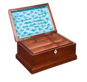 Workbox, Australian cedar with fitted lift out tray original silk interior and shell escutcheon, c1850. 14cm high, 29cm wide, 21cm deep  - 2