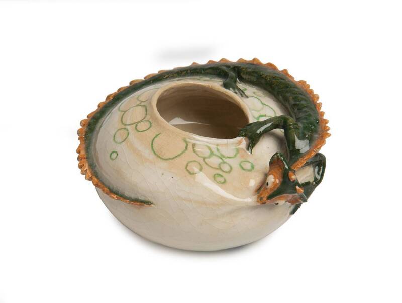 Marguerite Mahood (1901-1989) A wheel-thrown glazed eathenware bowl with hand modelled applied dragon