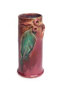 Remued Pottery A pink glazed gumnut and gum leaf vase