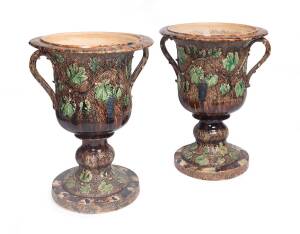 Bendigo Pottery A pair of large and impressive double handled glazed earthenware urns