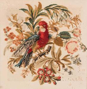 An early Australian wool work of the red parrot circa 1875