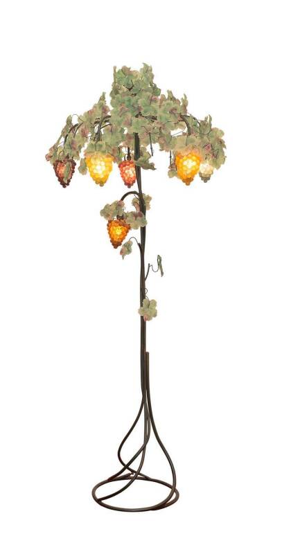 A wrought iron and glass grape and leaf six branch standard lamp