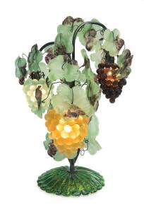 A three branch wrought iron and glass grape and leaf decorated table lamp, in the Murano style