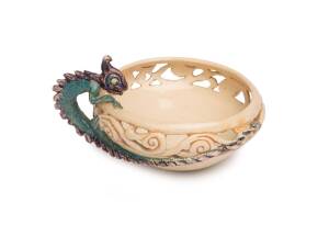 Marguerite Mahood (1901-1989) A wheel-thrown glazed eathenware pierced bowl with hand modelled applied dragon