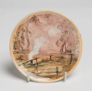 Neil Douglas (1911-2003) (decorator) Arthur Merric Boyd (1920-1999) (potter) A wheel thrown glazed earthenware small dish with underglaze decoration landscape with camp fire