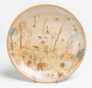 Neil Douglas (1911-2003) (decorator) Arthur Merric Boyd (1920-1999) (potter) A wheel thrown glazed earthenware dish with underglaze decoration of kangaroos and grass trees