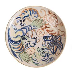 Arthur Merric Boyd (1920-1999) Wheel thrown glazed earthenware platter decorated with tiger and cats