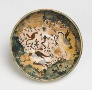 Arthur Merric Boyd (1920-1999) A wheel thrown glazed earthenware dish underglaze decoration of a landscape with kangaroos, lizards and Aboriginal figures