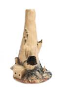 Premier Pottery Preston A hand thrown glazed earthenware sculpture of a tree trunk, rabbits and lizard