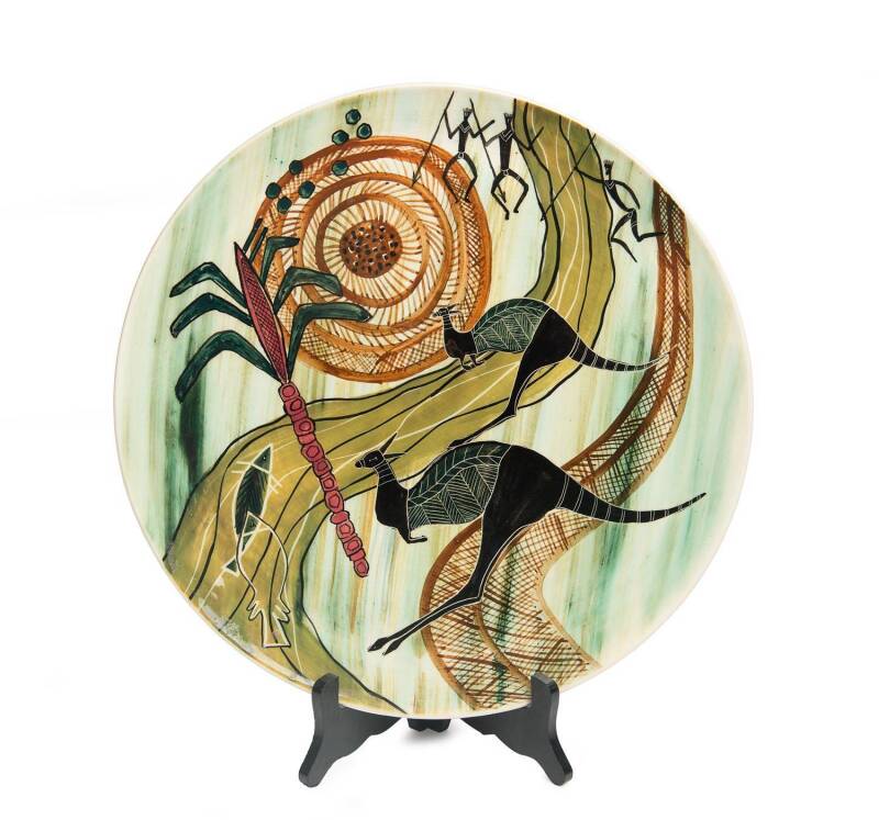 Martin Boyd (1923-1988) A slip cast glazed earthenware platter decorated with kangaroo and Aboriginal motifs