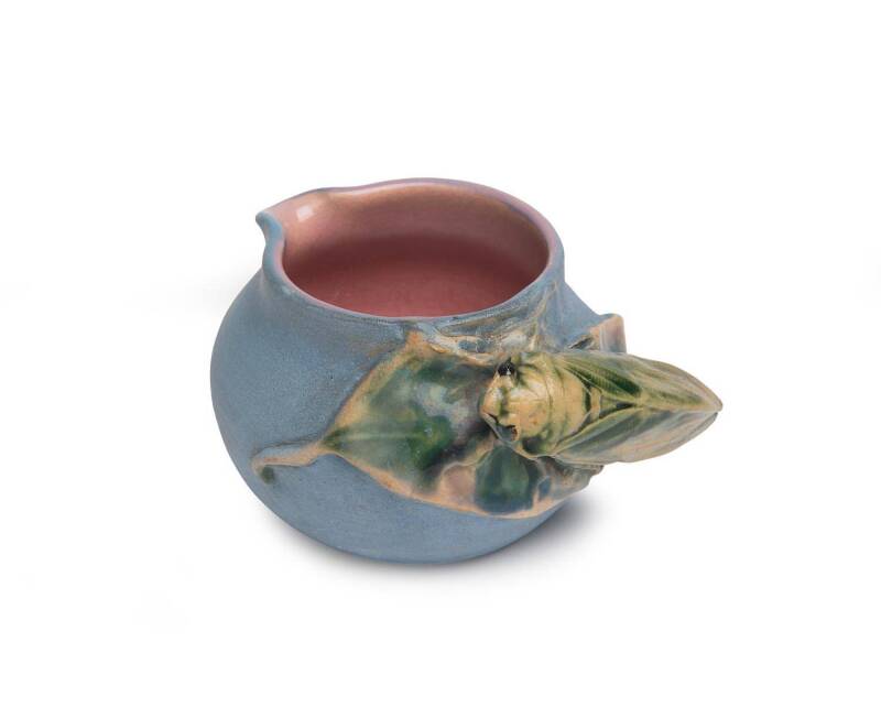 Philippa James (1893-1967) A glazed earthenware cicada and leaf moulded vase