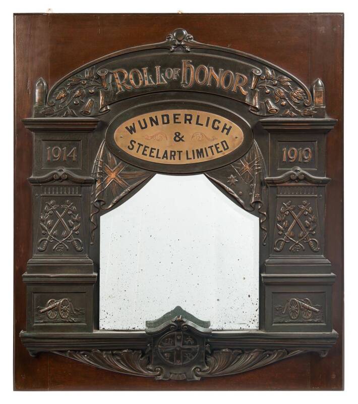 An embossed copper mounted blackwood First World War Roll of Honour board for Wunderlich & Steelart Ltd