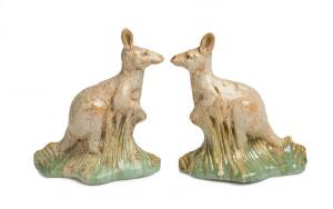 Remued Pottery A pair of rare glazed earthenware bookends modelled in the form of kangaroos