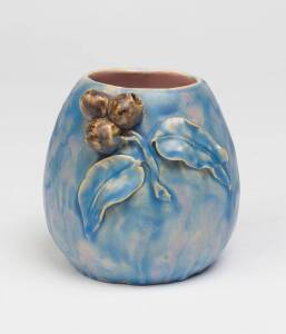 Louise Taylor (b. 1915) A blue glazed earthenware vase with a pink glazed interior and applied gumnuts and gum leaves