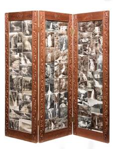 An Australian carved cedar 3 panel topographical screen, early 20th centurymade up of approximately 70 black and white silver gelatin photographical prints, mainly depicting waterfalls in Tasmania and the Blue Mountains area, many titled and signed Spurli