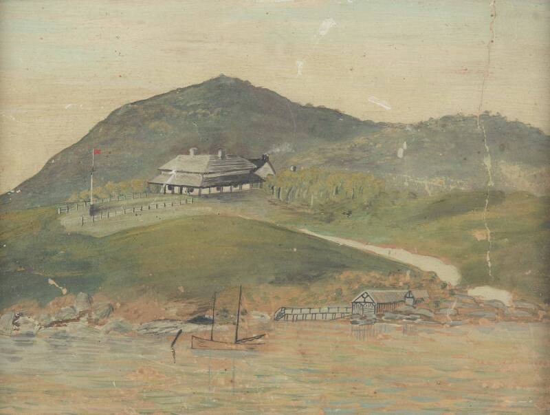 Australian school naive oil painting on card of a colonial Government building and jetty, mid 19th Century, possibly Tasmanian.
