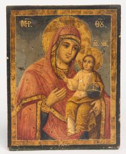 A Russian icon, hand painted gesso on timber, 19th Century. 28 x 22cm. 